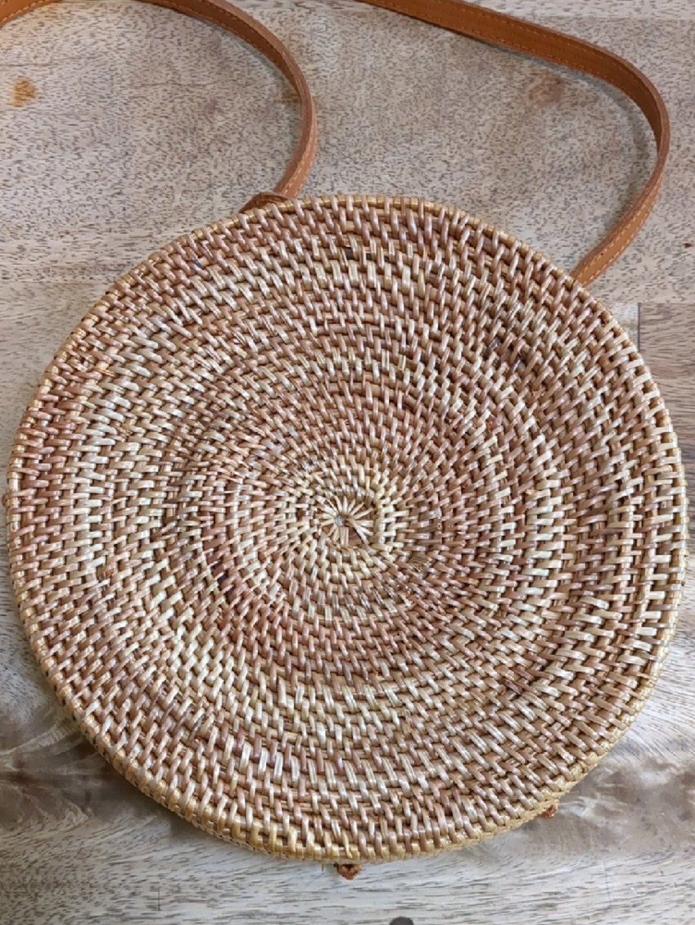 Woven Round Crossbody Bag in Natural Tan - Picture 2 of 11